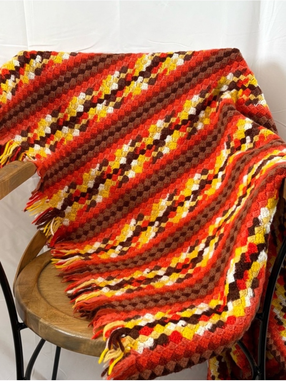 Vintage 70s crochet handmade knit throw blanket orange brown yellow aesthetic